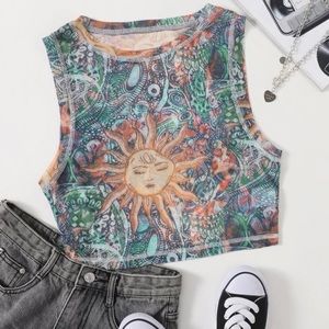 SHEIN Colorful Graphic Print Mesh Tank Top XS